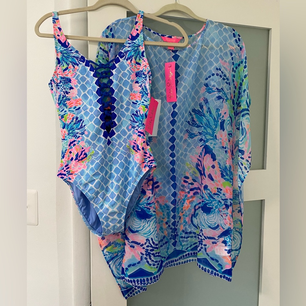 Lilly Pulitzer hidden treasure engine  swimsuit, Sz 2 and cover up Sz. XXS/XS